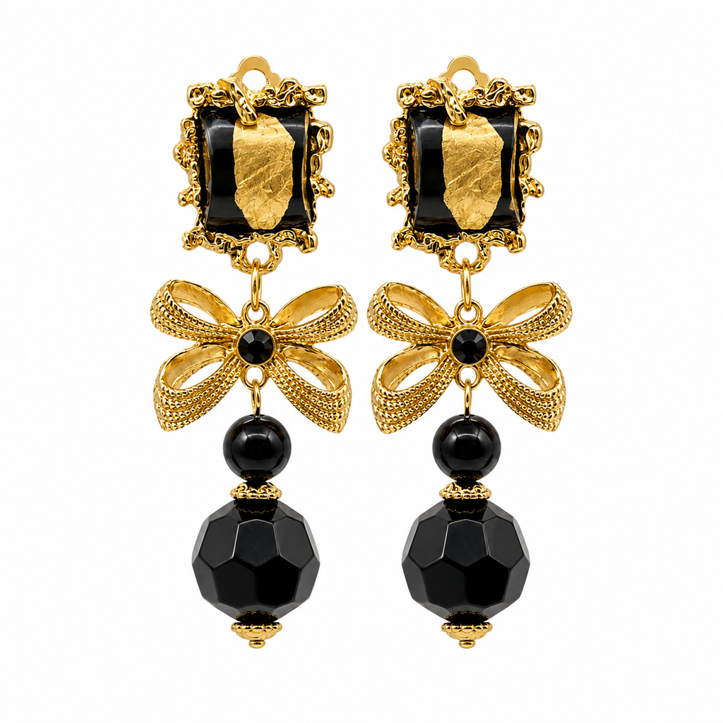 Unsigned - Black and gold bow earrings
