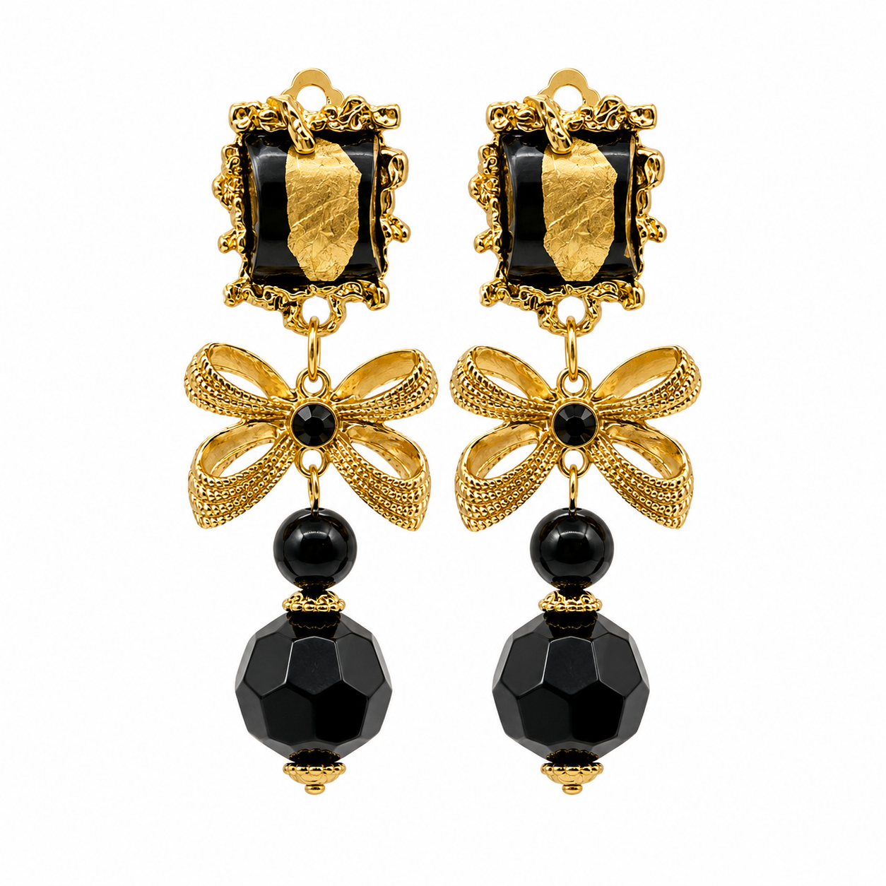Unsigned - Black and gold bow earrings