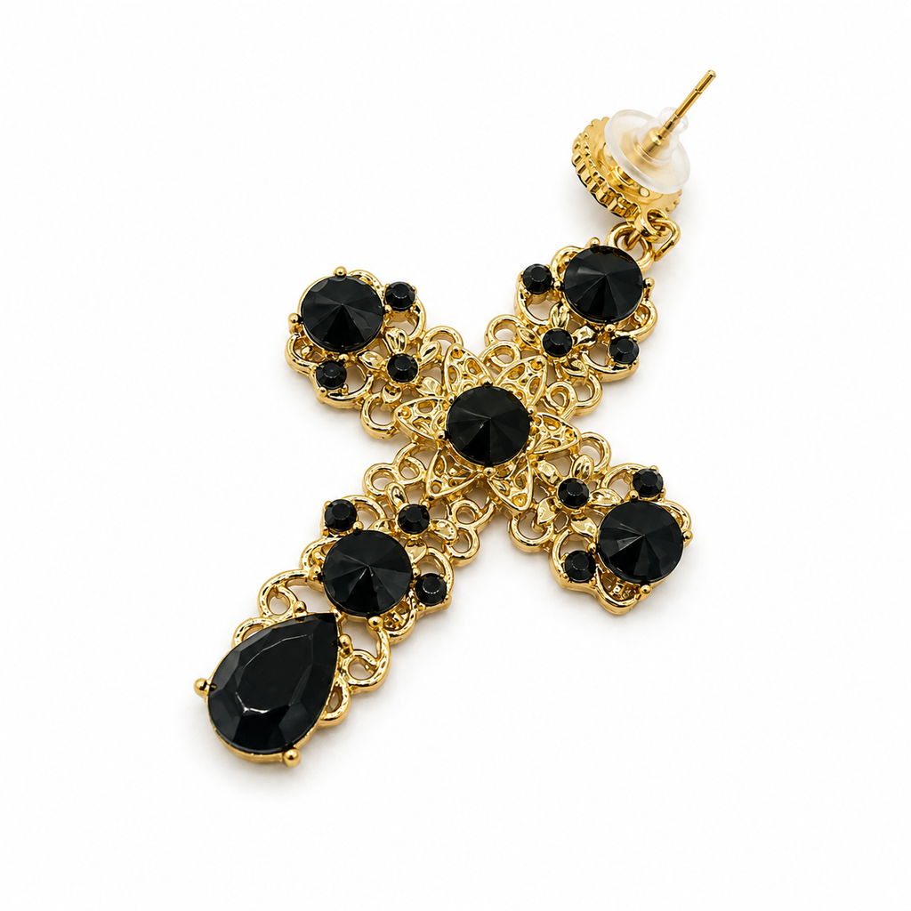 Unsigned - Black stones cross earrings
