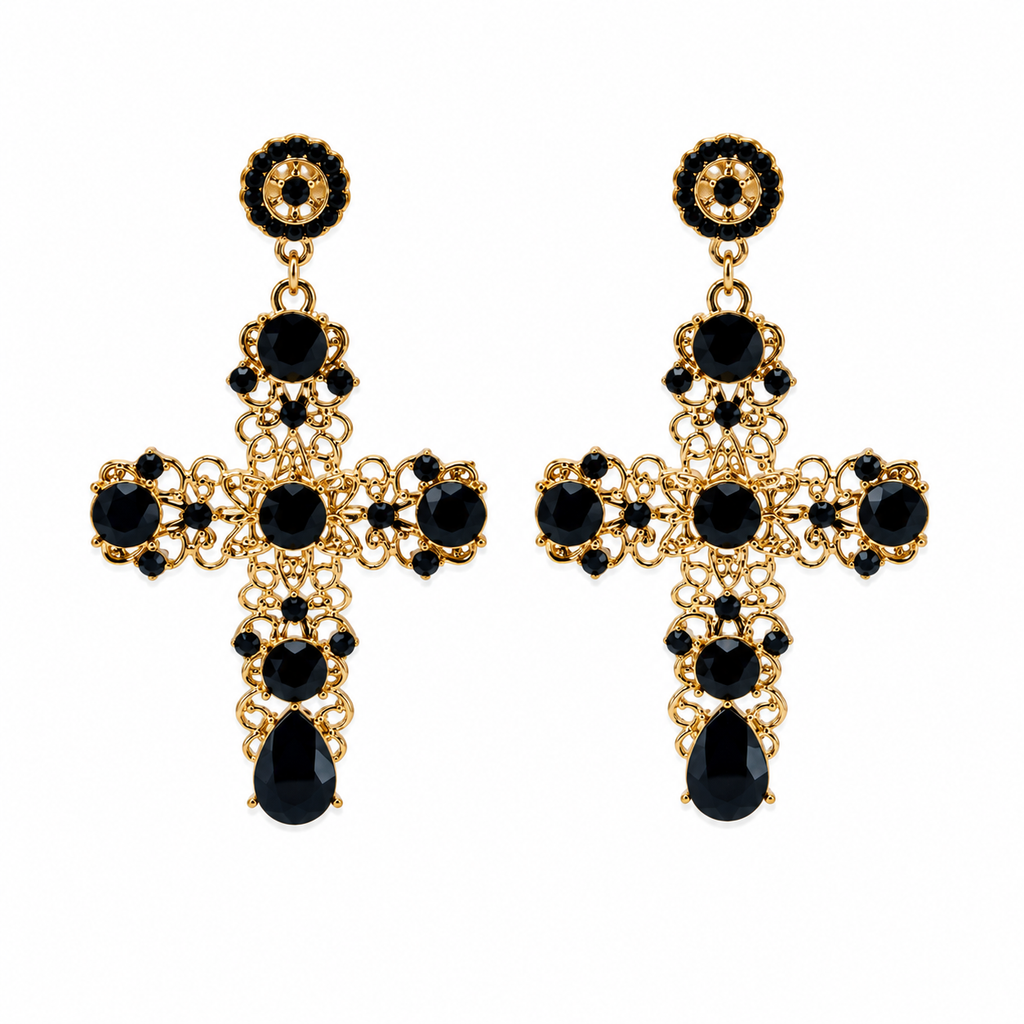 Unsigned - Black stones cross earrings