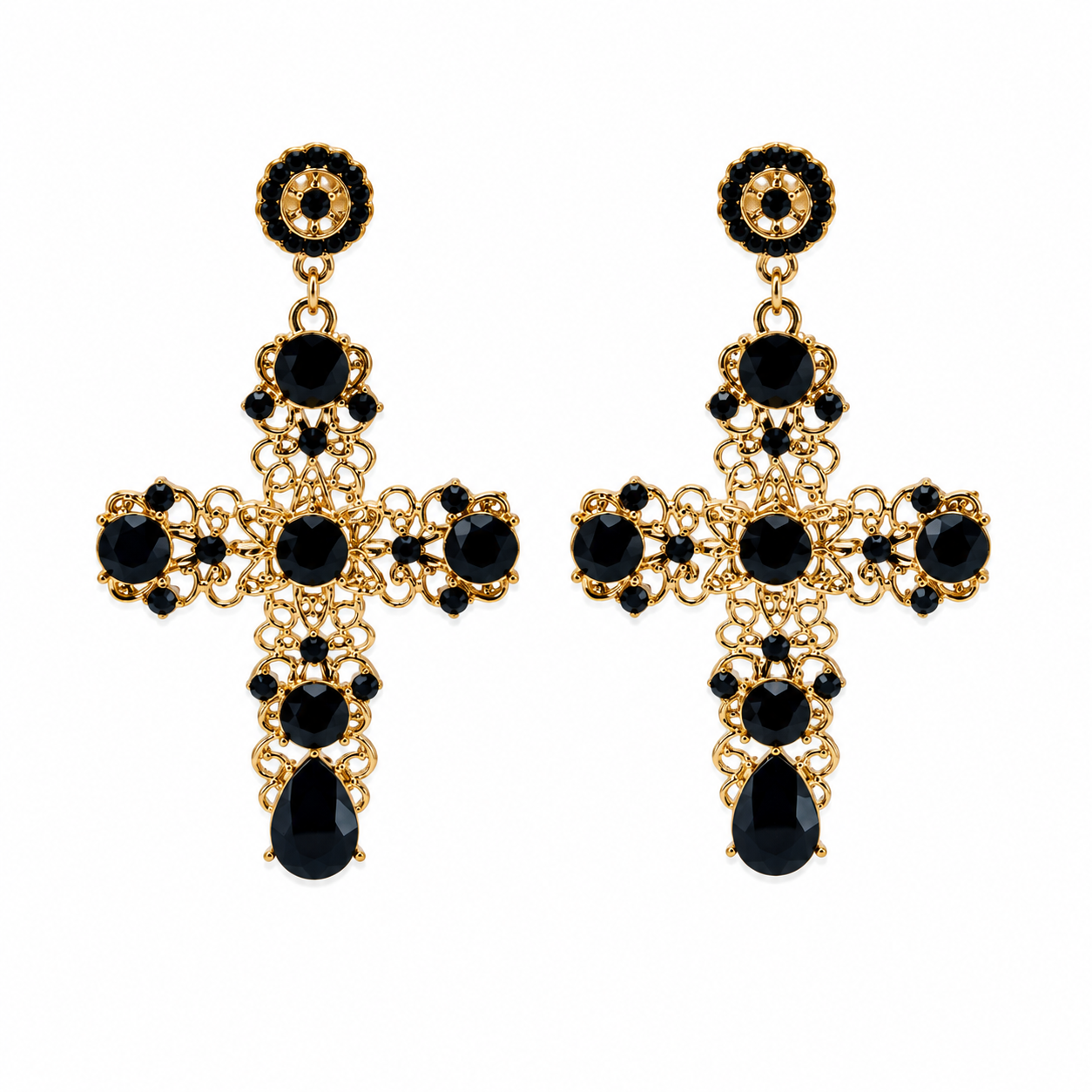 Unsigned - Black stones cross earrings