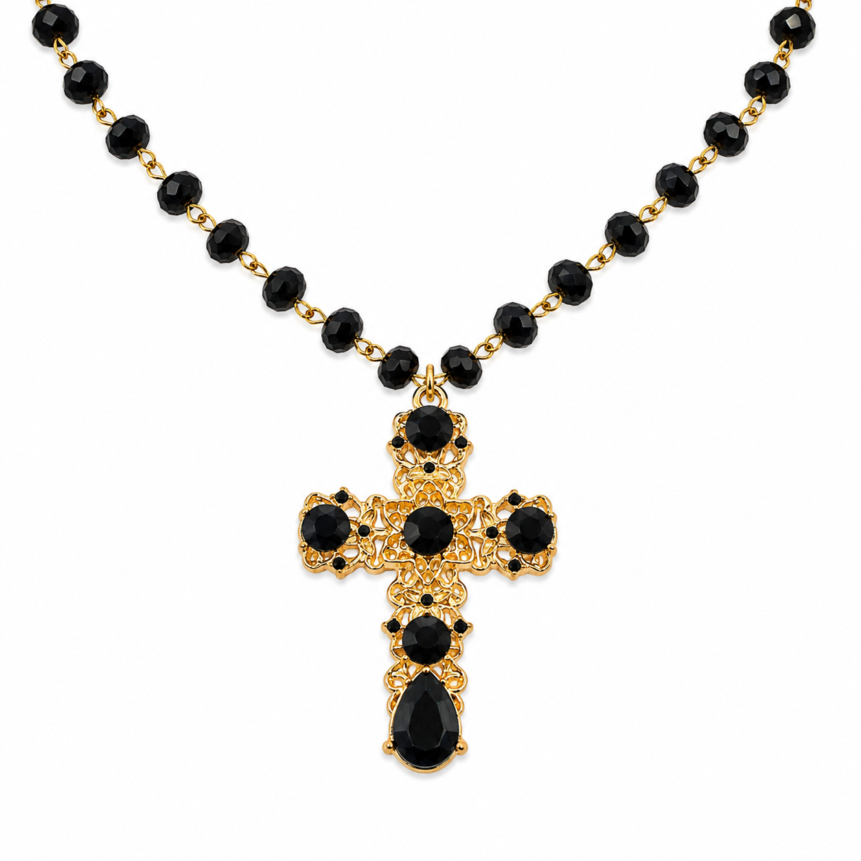 Unsigned - Black stones cross necklace