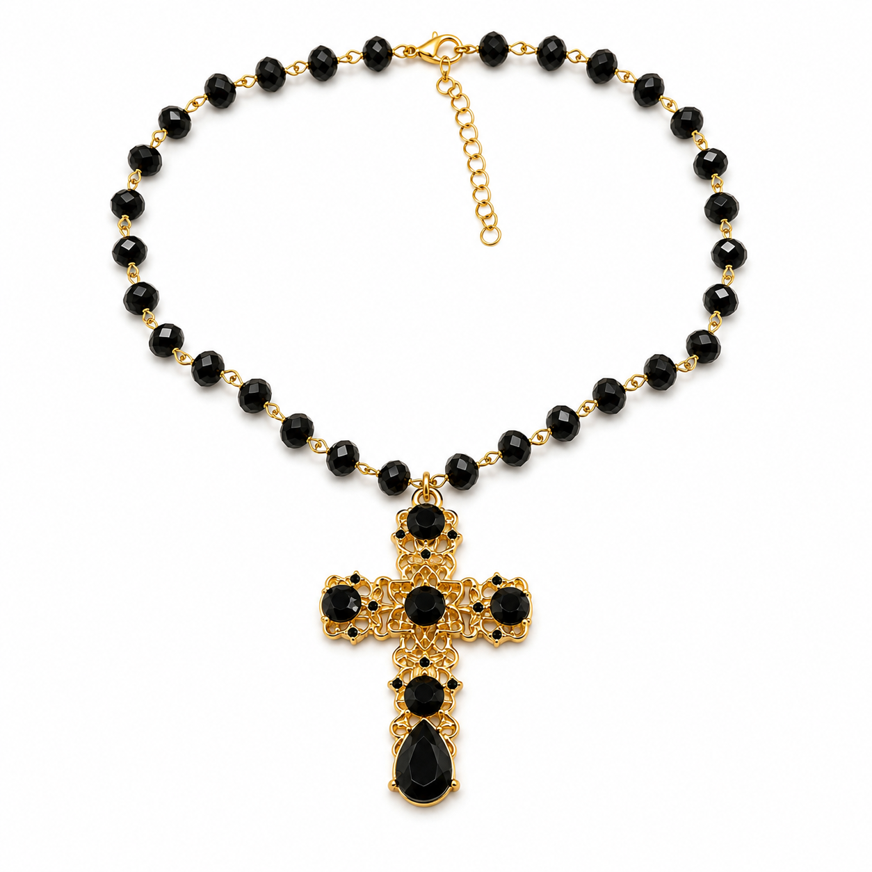 Unsigned - Black stones cross necklace