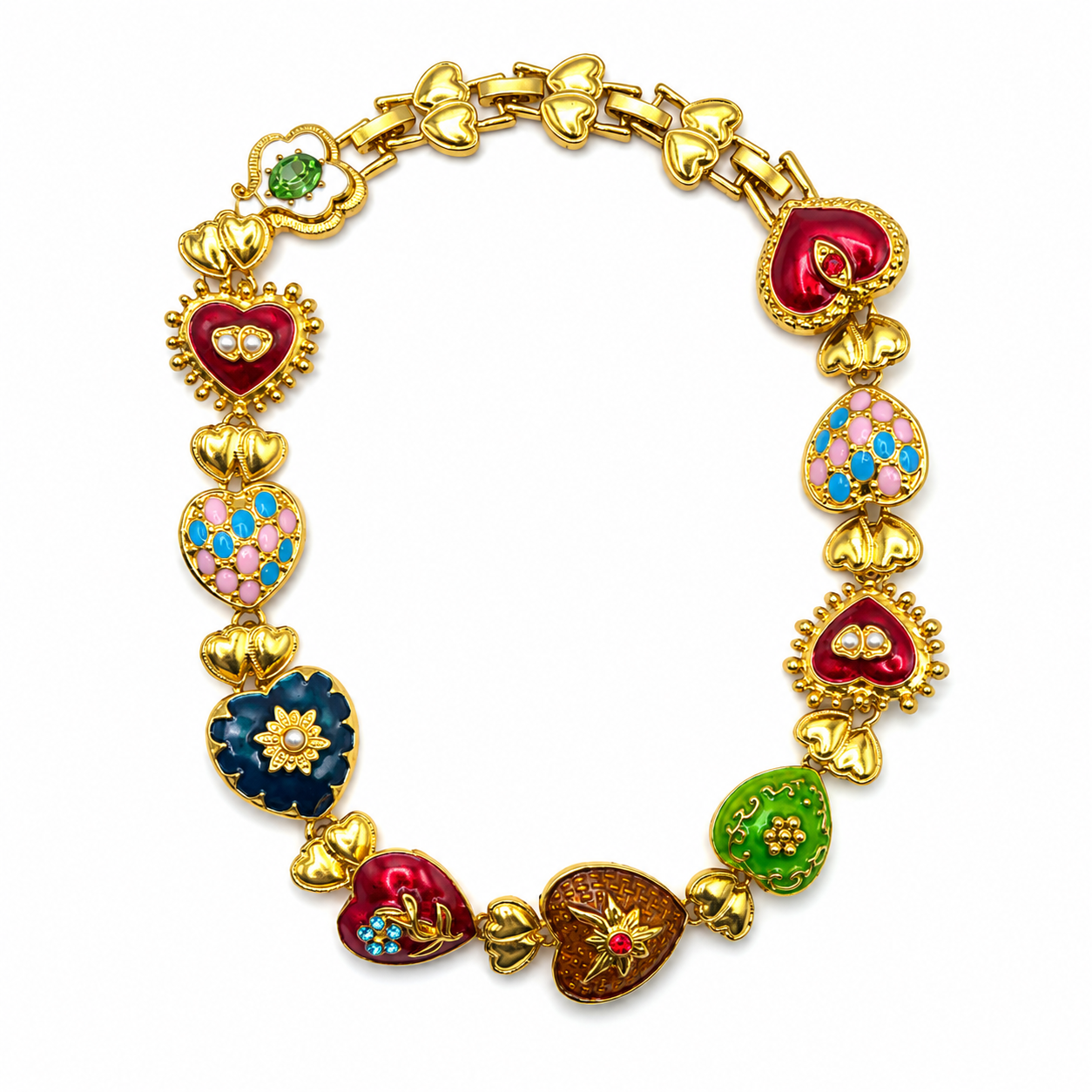 Unsigned - Colored stones hearts necklace